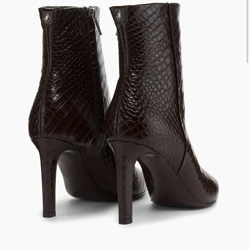 Jimmy Choo Frankie 85MM Embossed Leather Bootie Elegant Chocolate Brown Croc NWT - Picture 3 of 9